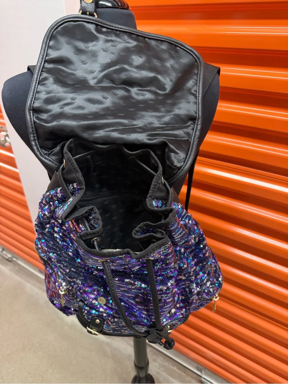 NWT Juicy Couture Purple Sequin Backpack with Black Trim and Gold Hardware